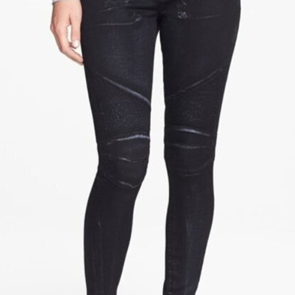 Hudson Byron Moto Skinny Jeans Coated Black Waxed Biker Quilted Knee Women Sz 23